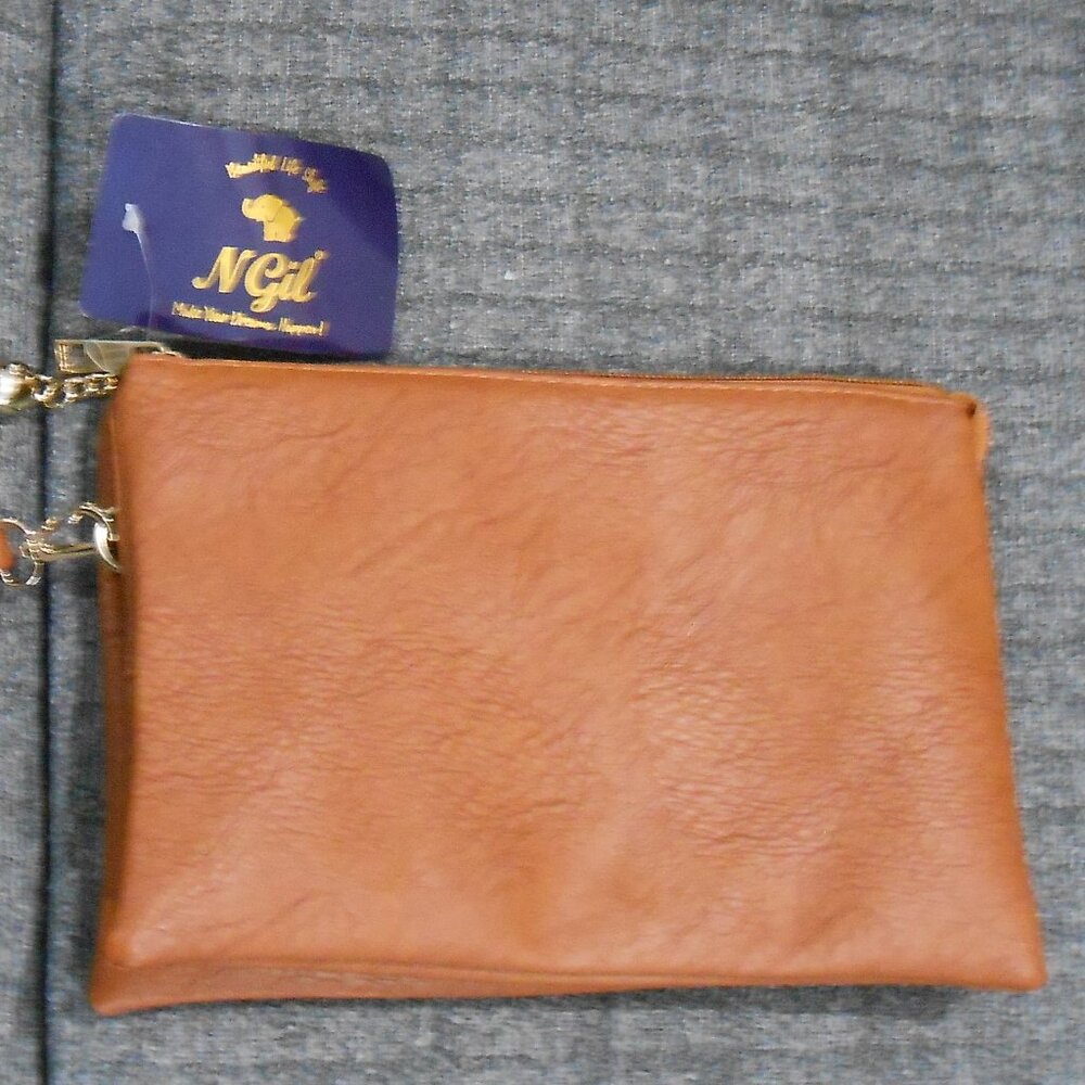 NGIL BROWN WRISTLET CLUTCH PURSE WITH STRAP ZIP CLOSE TASSEL 3 SECTIONS-NWT